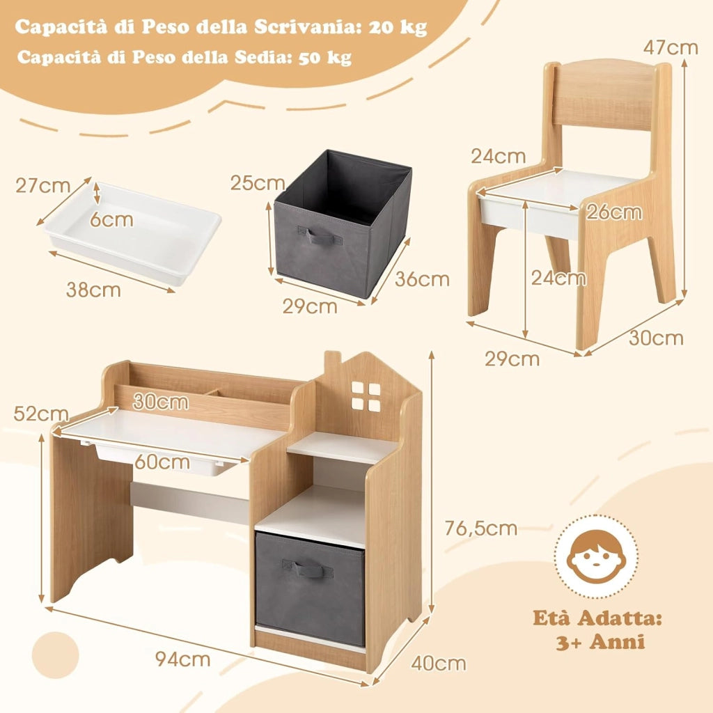 Set Scrivania e Sedia per Bambini 3-12 Anni, Tavolo e Sedia in Legno Salvaspazio con Cassetto in Plastica e Cassetto in Tessuto, Banco Scuola e Seggiola per Cameretta (Naturale)