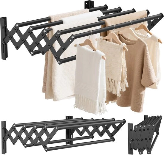 Wanddroogrek in acciaio inossidabile, estensibile, portata di estensione da 12 a 36 cm, con 7 bracci, carico massimo 25 kg (nero)