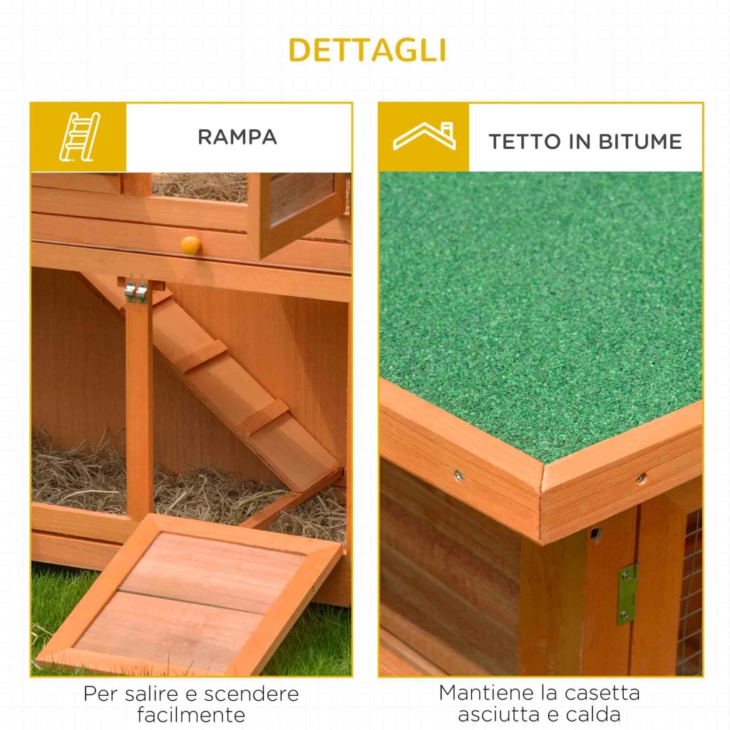 Conigliera da Esterno 122x48x100 cm con Casetta e Recinto a 2 Piani in Legno