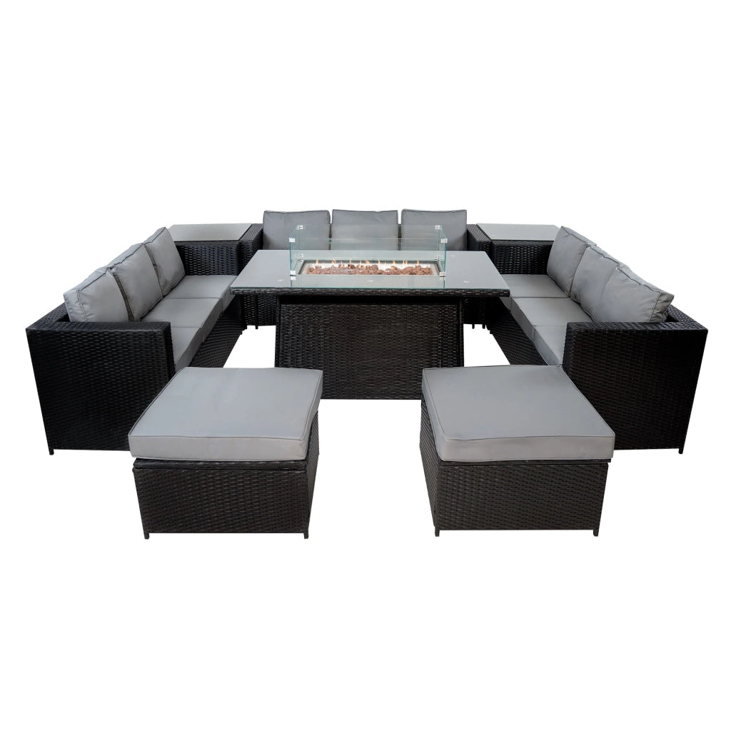 Set Giardino Rattan 11 Posti Nero Divani Sgabelli Tavolo Firepit