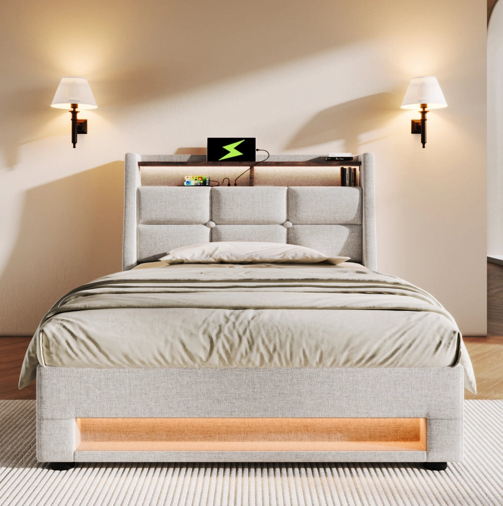 Letto imbottito 90x200 cm con LED e USB; lino beige (Senza materasso)