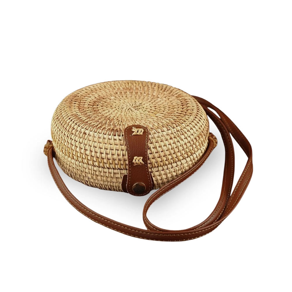 Borsetta rotonda in vimini intrecciato con tracolla simipelle marrone cm 17x6,5
