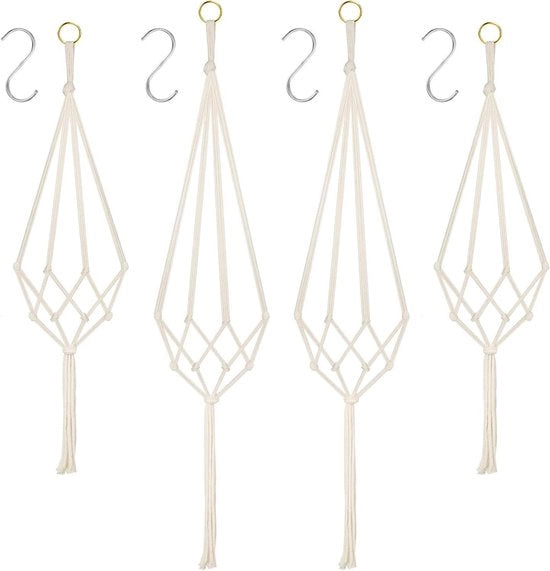 Set di appesioli per piante in cotone macramé - insieme di 4 pezzi con anello metallico e spazzole - per decorazione interna ed esterna - 2 x 80 cm + 2 x 100 cm - inclusi 4 ganci a S