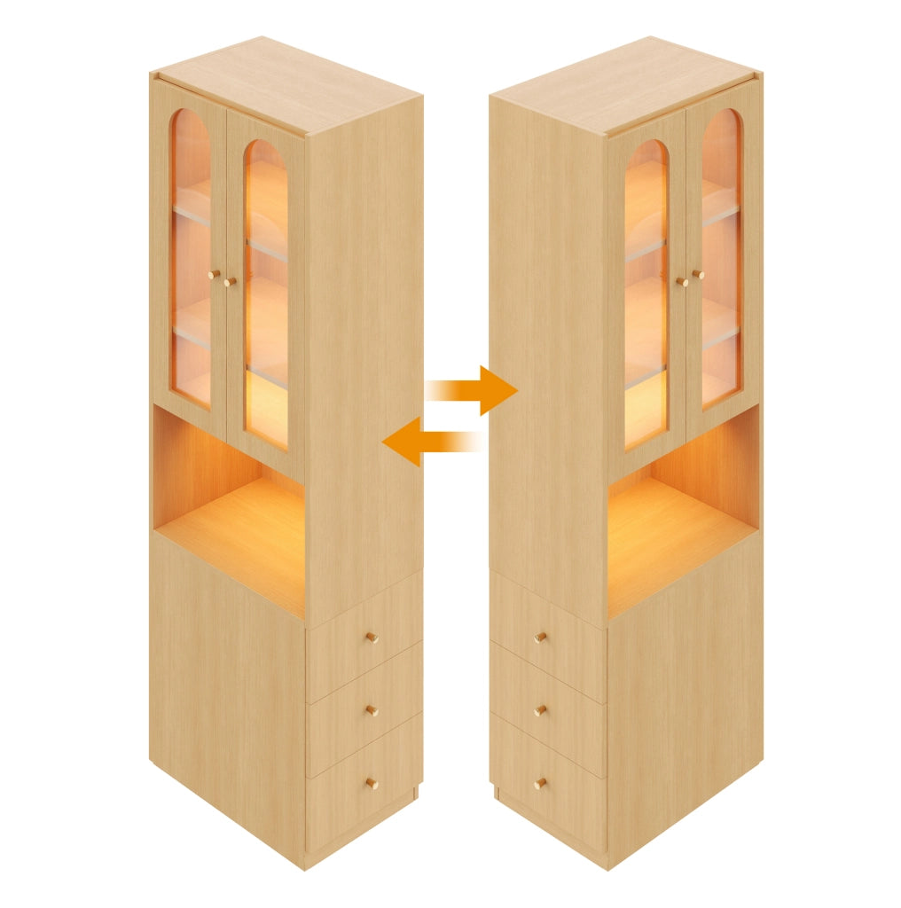 Libreria alta con 3 cassetti laterali; vetrina in vetro temperato e LED; 60×40×200 cm; MDF; rovere