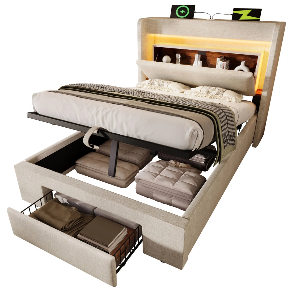 Letto imbottito 90x200 cm in lino beige con LED; USB e vano contenitore; con materasso