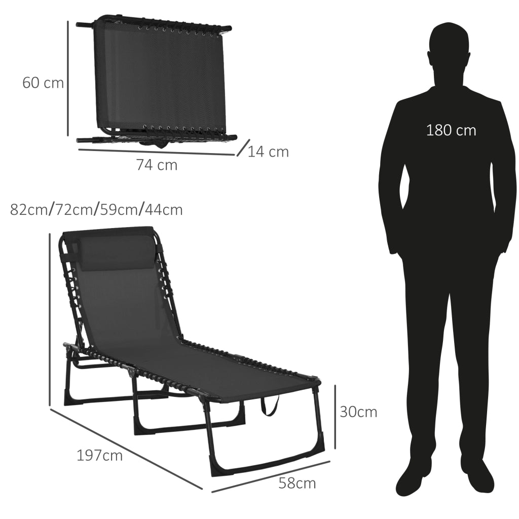 Chaise longue pliante pliante de jardin avec dossier r¨¦glable en 4 marches acier et tissu en maille noire 197 x 58 x 30 cm