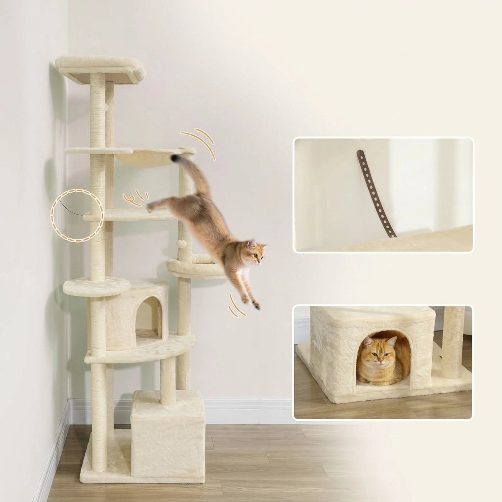 Tiragraffi per Gatti Multi-Livello con Amaca e Cucce; Altezza 200 cm; Beige