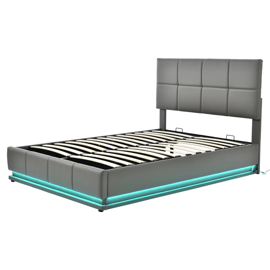 Letto contenitore matrimoniale 140×200 cm con LED e rete sollevabile; senza materasso; grigio