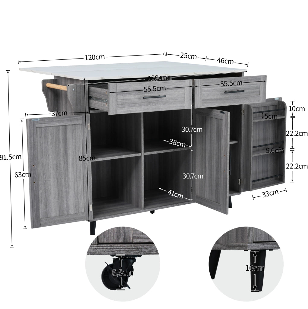 Carrello cucina multifunzionale con piano allungabile 129x46x91;5 cm; grigio e bianco
