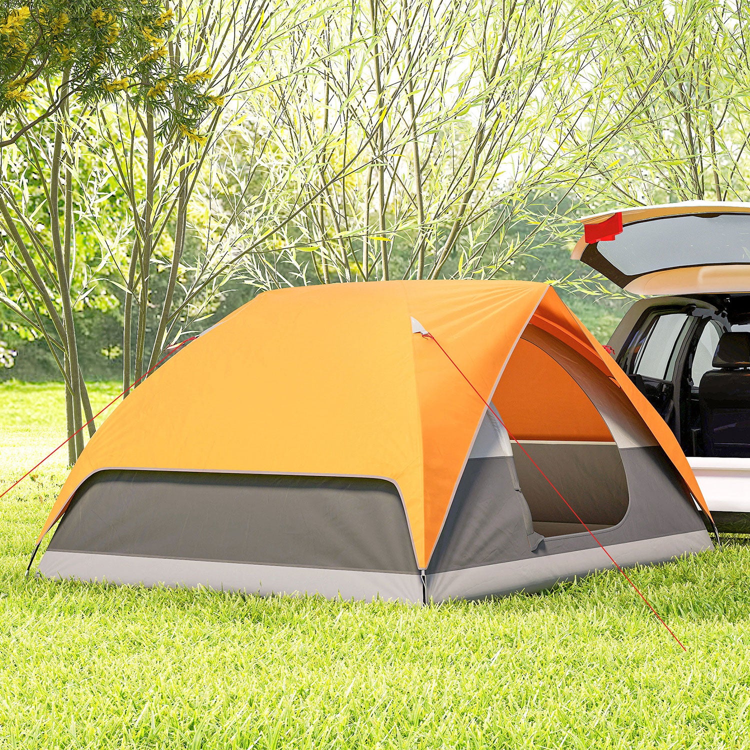 Tenda da Campeggio per 3 Persone Impermeabile 205x275x135H cm con Tasche e Gancio per Lanterna Arancione