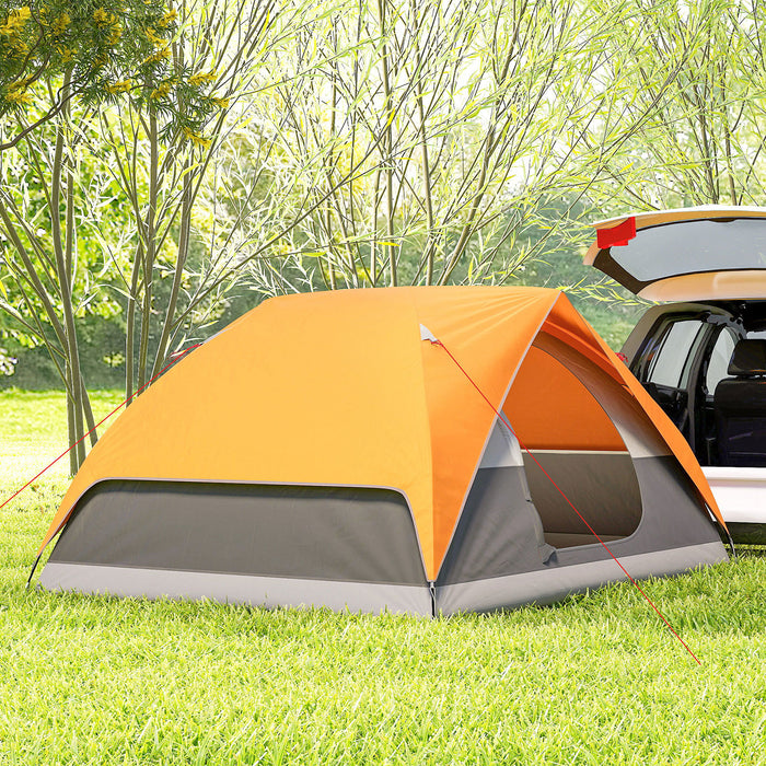 Tenda da Campeggio per 3 Persone Impermeabile 205x275x135H cm con Tasche e Gancio per Lanterna Arancione