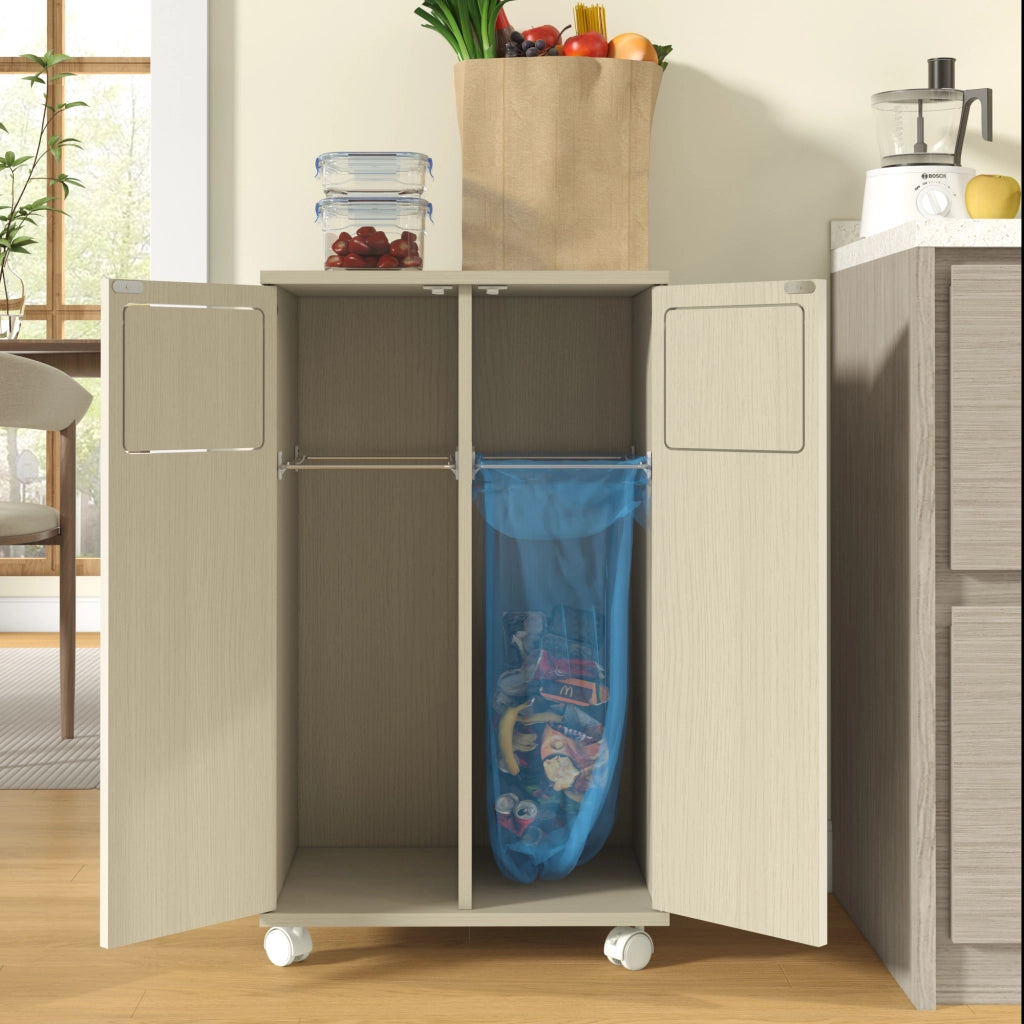 Mobile contenitore per raccolta differenziata con 2 vani, 4 ruote, per cucina e sala da pranzo, in MDF bianco, 46,7 × 35 × 80 cm