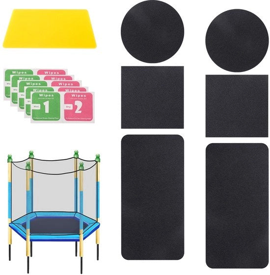 Kit di riparazione per trampolino 6 pezzi - Adesivi autoadesivi - Punti rotondi/quadri/rettangolari - Incluso raschietto - Materiale TPE - Nero - Adesivi per trampolino