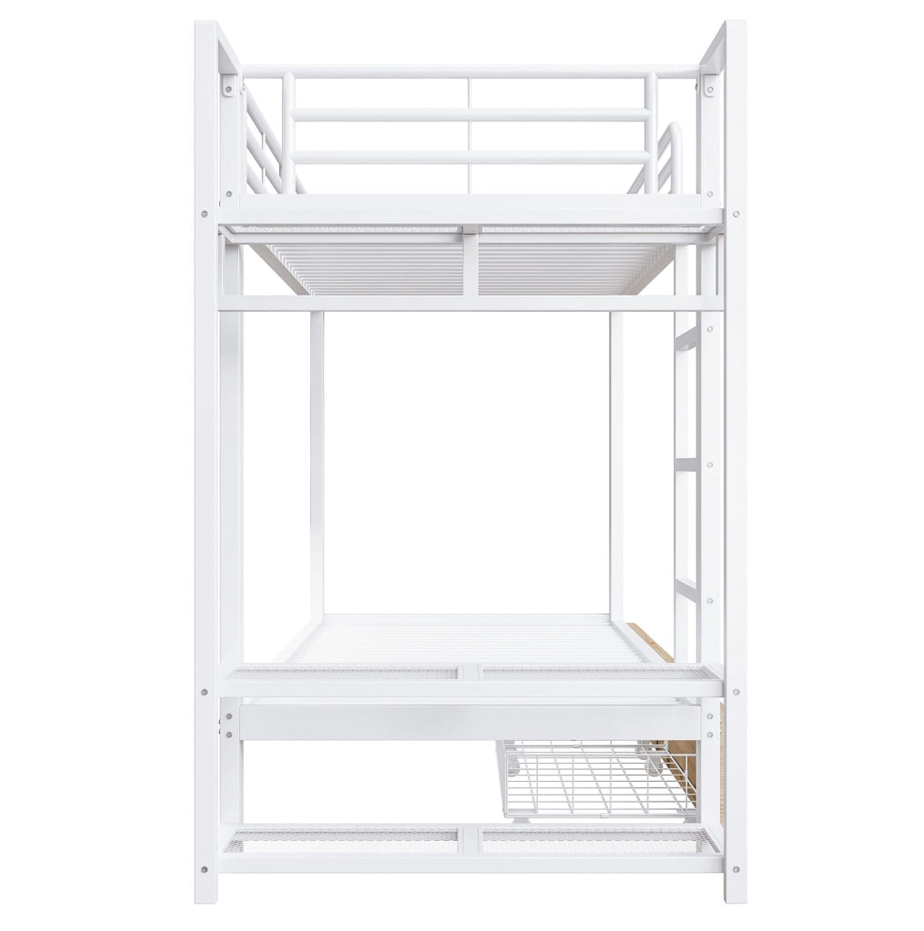 Letto a castello 90 x 200 cm bianco con LED, cassetti, ripiani e barra appendiabiti