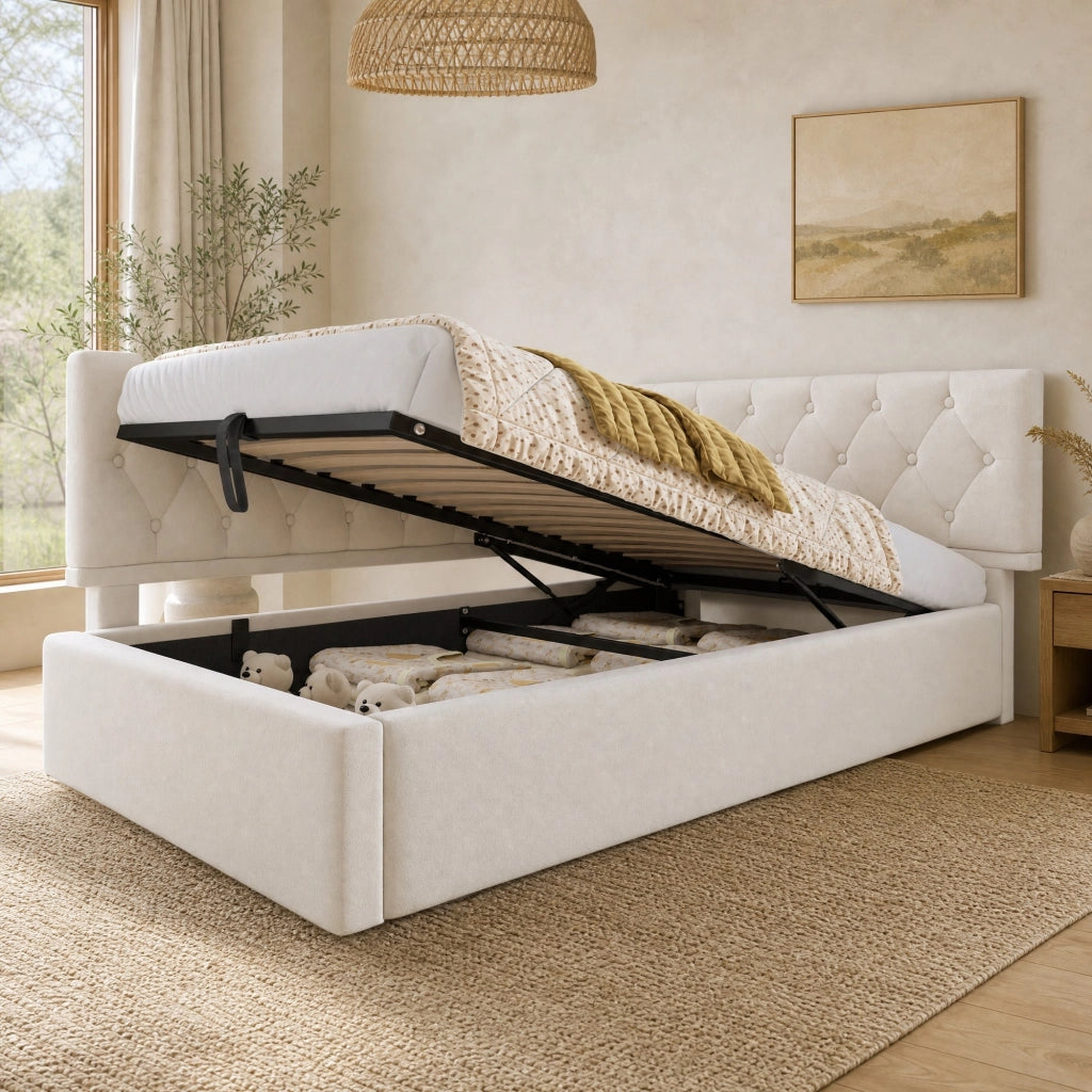 Letto imbottito 90x200 cm in velluto beige con contenitore idraulico, struttura in metallo, senza materasso