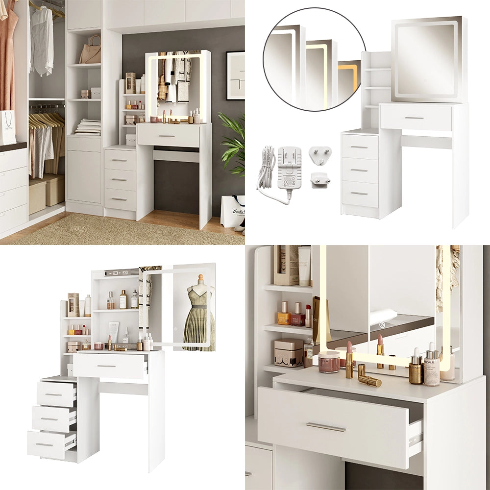 Vicco Tavolo da toilette Bianco 80 cm con specchio a LED