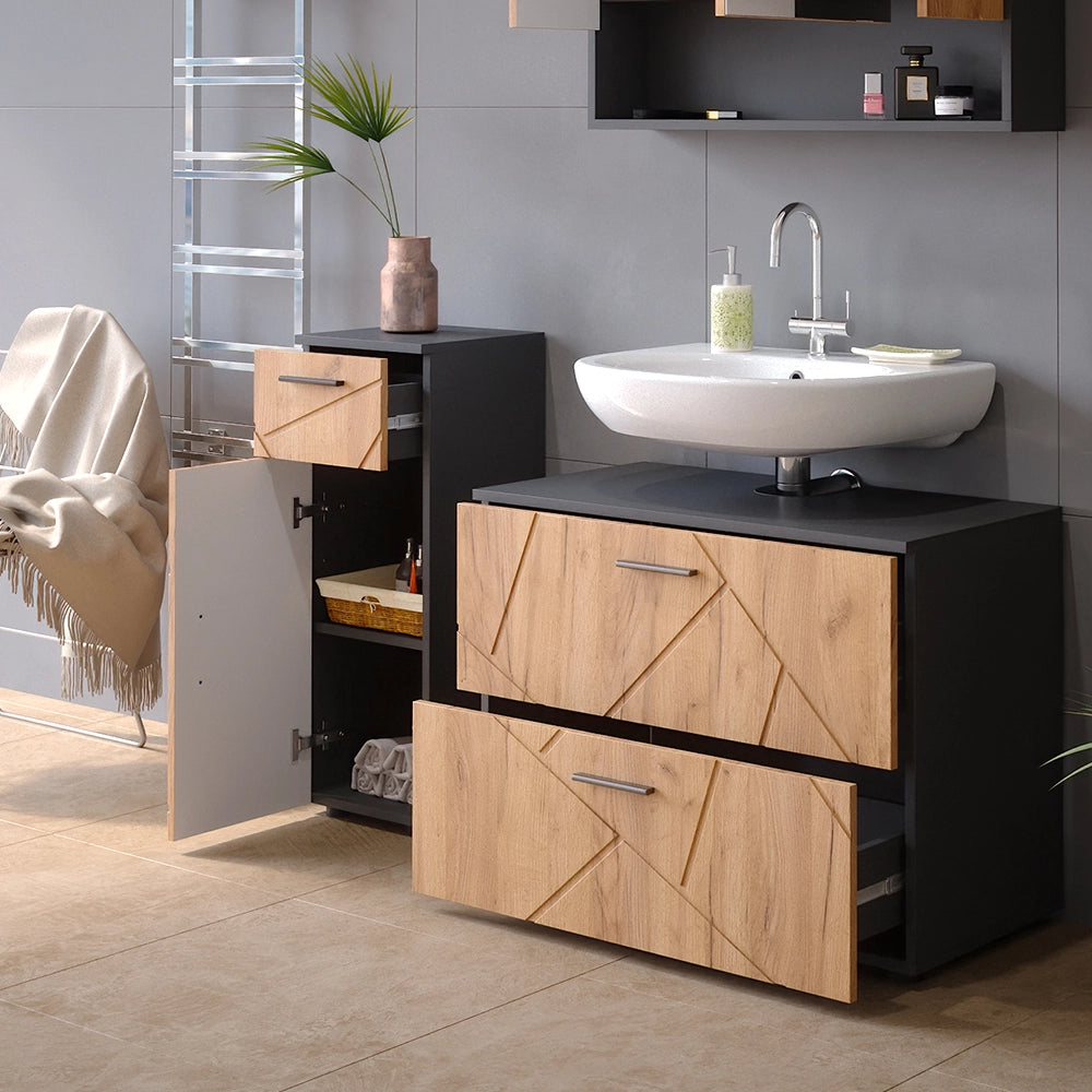 Vicco Set mobili bagno Quercia dorata/antracite 3 parti, con cassettiera e mobile midi