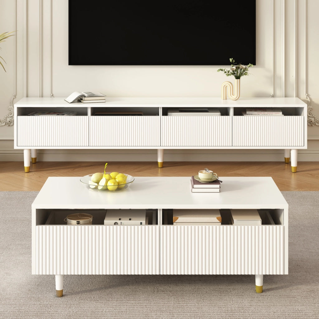 Tavolino da Salotto con 2 Cassetti e LED; Frontali Ondulati; per Soggiorno; in MDF; 110 × 50 × 40 cm; Bianco
