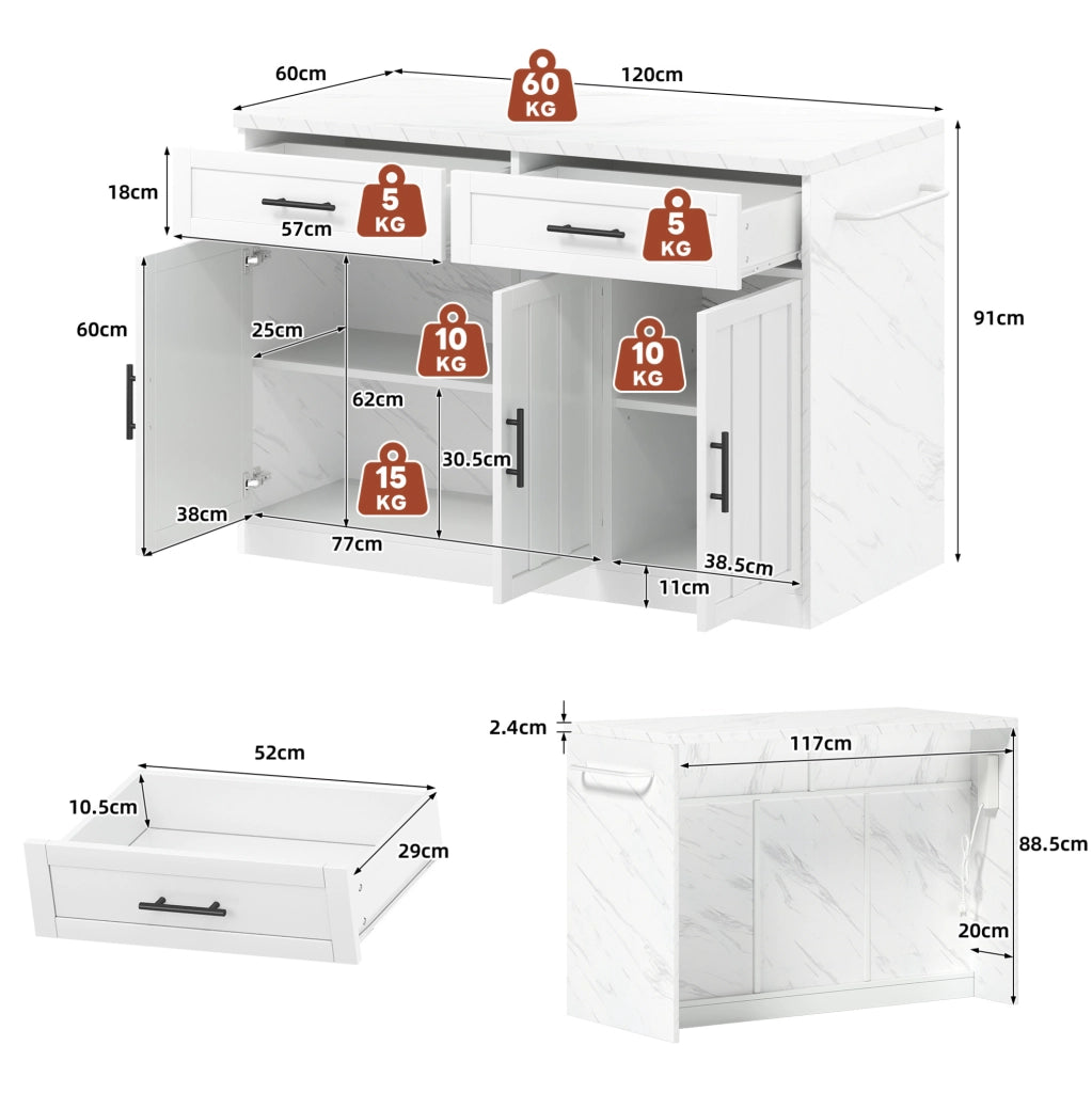 Isola da cucina 120x60x91 cm con prese USB e bancone bar