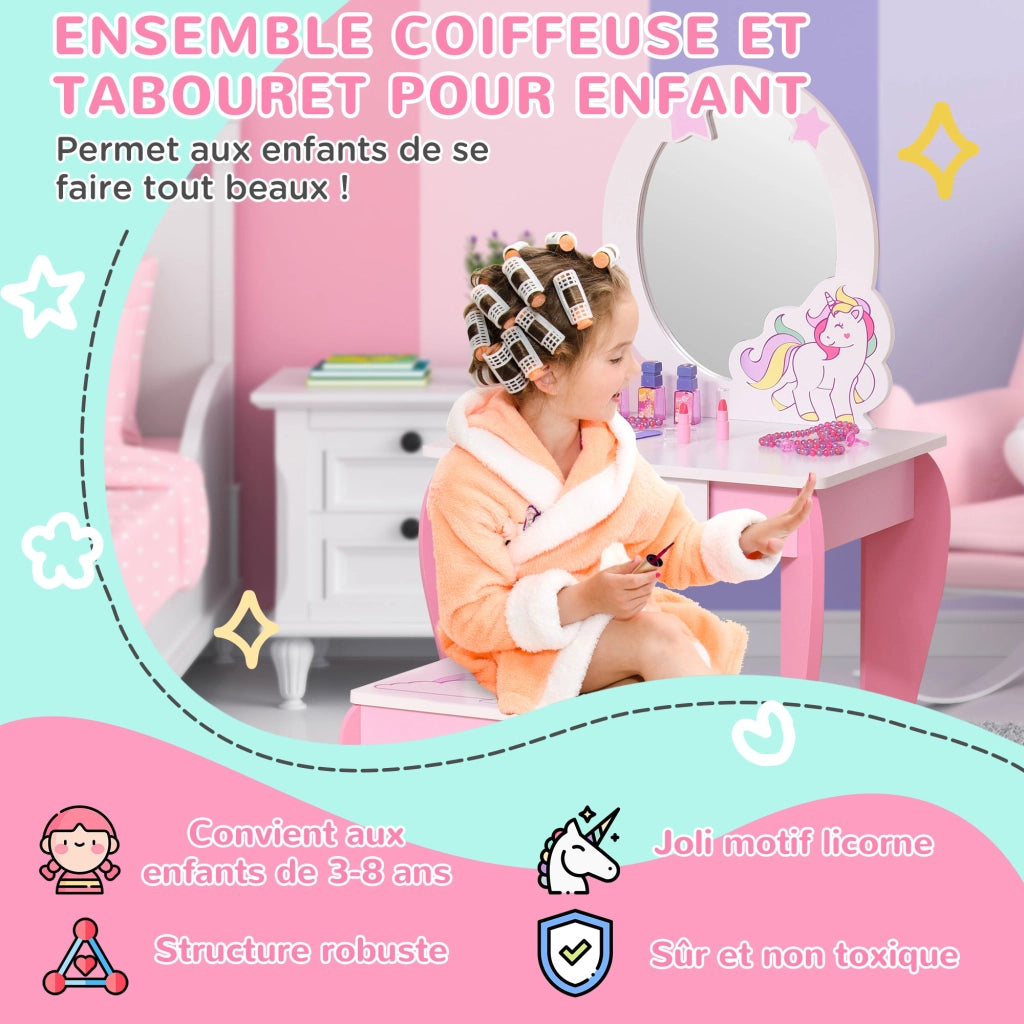 Toeletta bambini forma unicorno con sgabello ¨C Xylo ¨C rosa bianco MDF 49x34x90cm