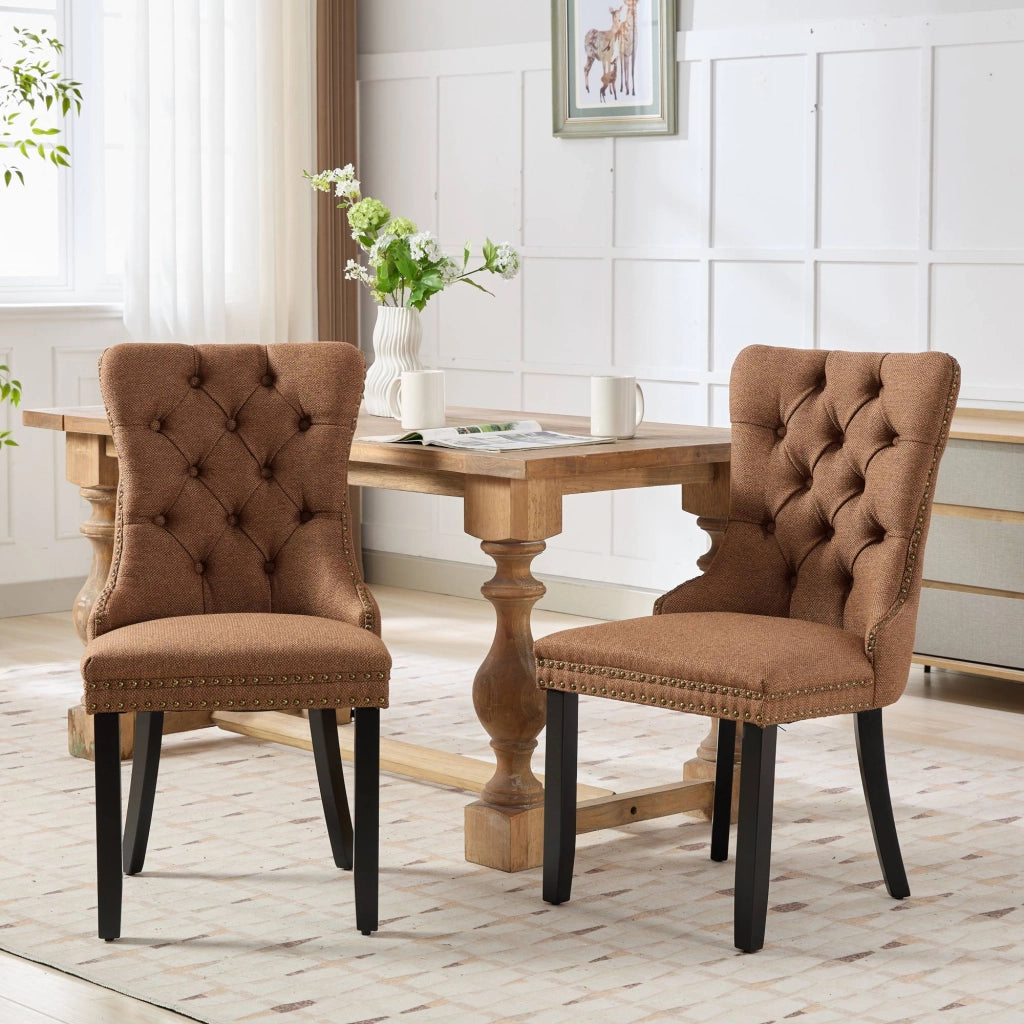 Sedie da Pranzo Imbottite in Lino con Gambe in Legno Massello, Set 2 Pezzi ¨C Xylo ¨C Marrone
