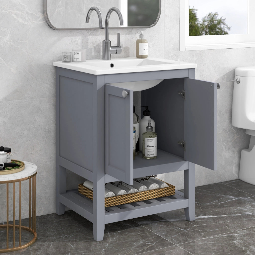 Mobile bagno con lavabo in ceramica 61 cm; grigio e bianco; da terra