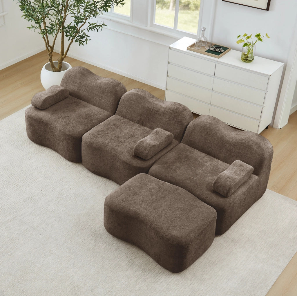 Divano angolare modulare 288x167x70 cm in velluto marrone con pouf e seduta profonda