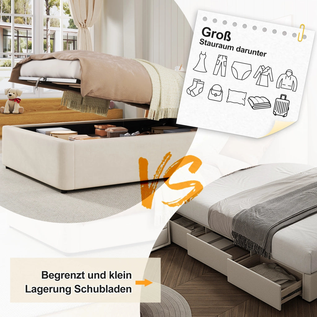LETTO Contenitore 90x200 cm in velluto beige con rete a doghe