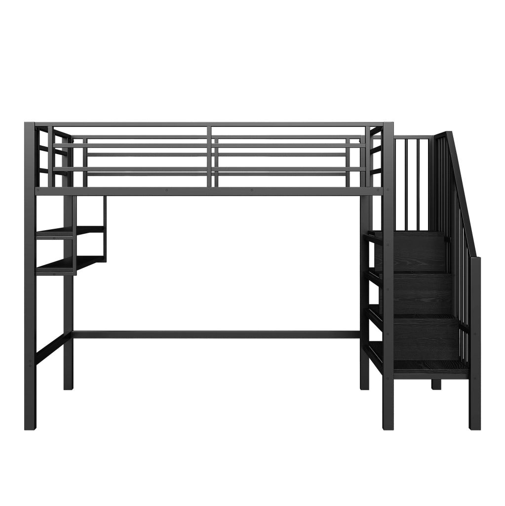 Letto a soppalco 90x200 cm con scaffali e scala contenitore in metallo e MDF nero