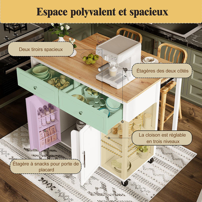 Isola cucina premium con ruote - Xylo - 2 cassetti freni legno multifunzione