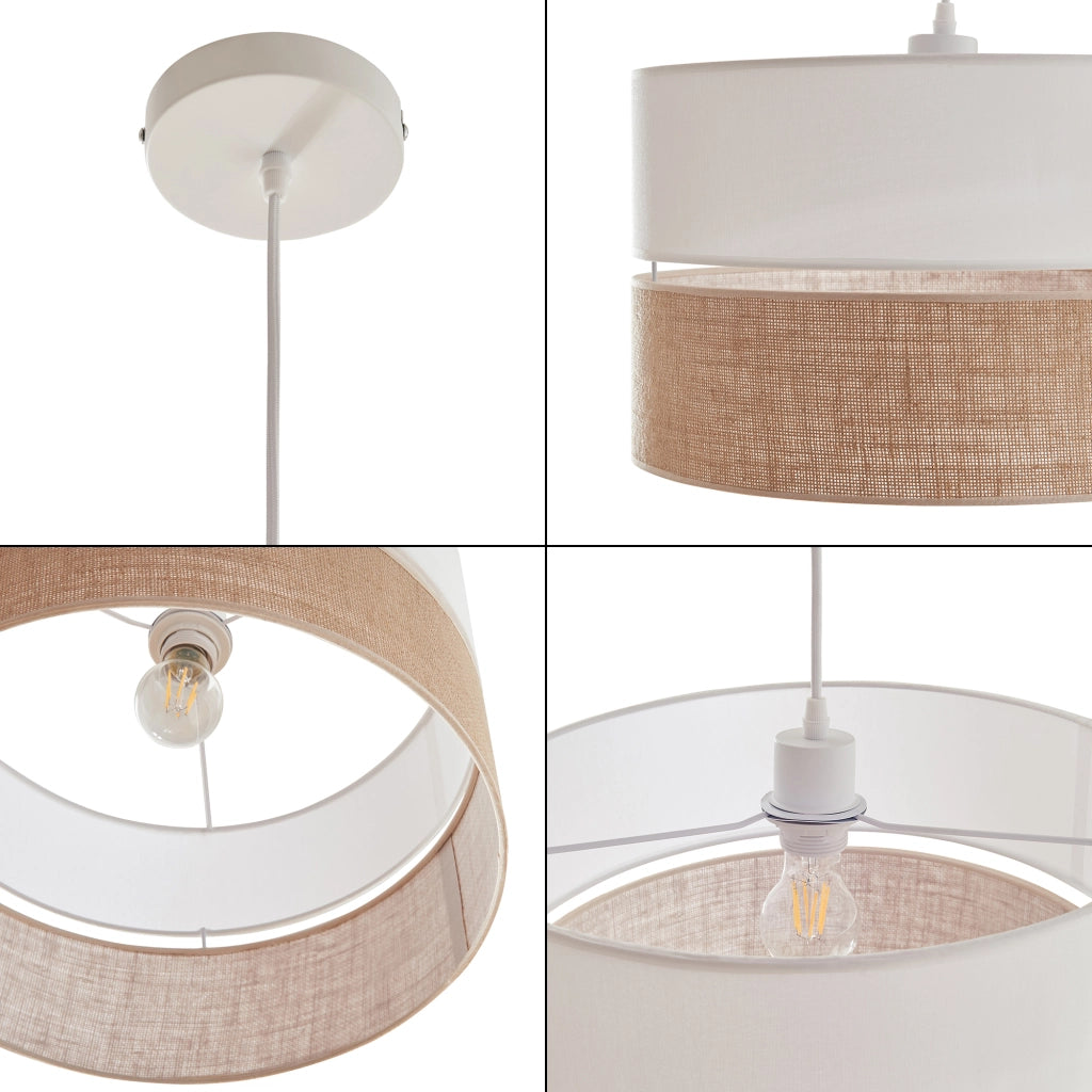 Lampada a Sospensione Barton con Doppio Paralume Cilindrico - Bianco / Effetto Lino lux.pro