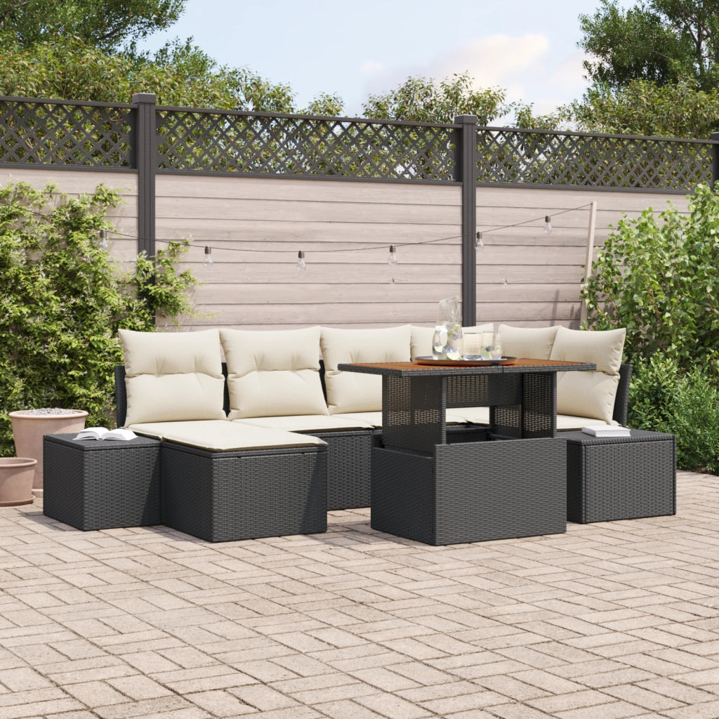 Set divani giardino 7 pezzi con cuscini neri in polyrattan