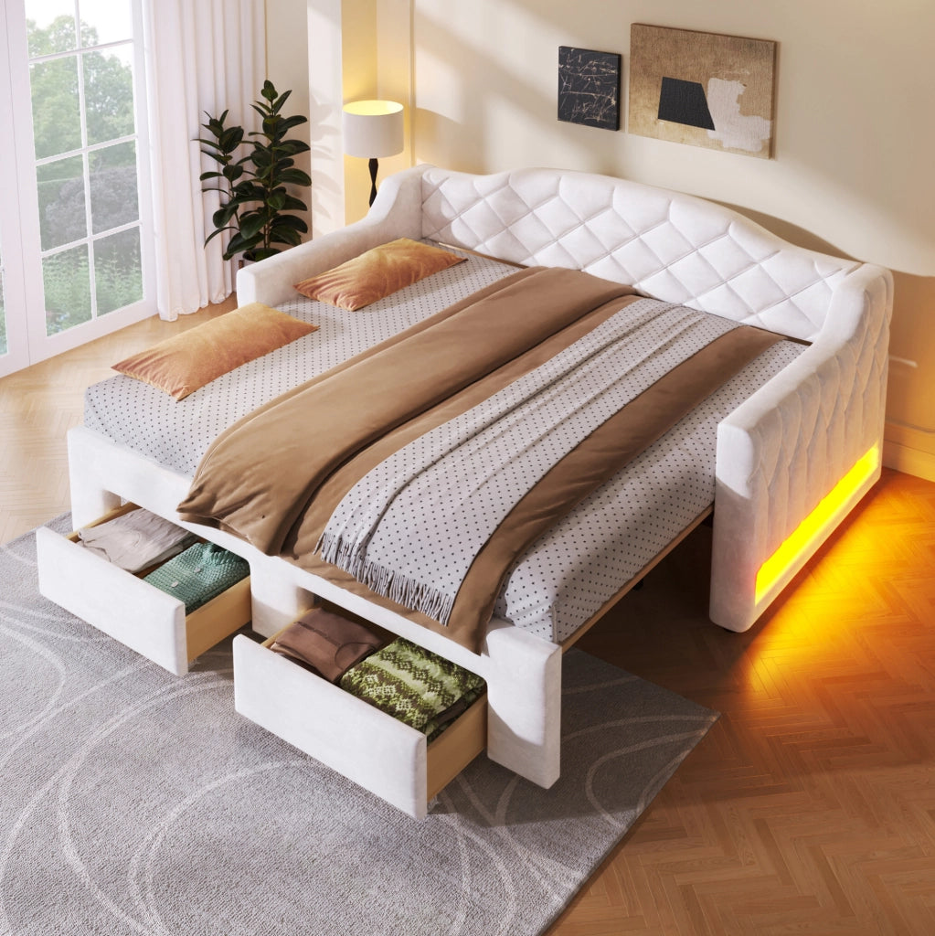Letto imbottito 90x200 cm estensibile con LED e cassetti in MDF e compensato bianco
