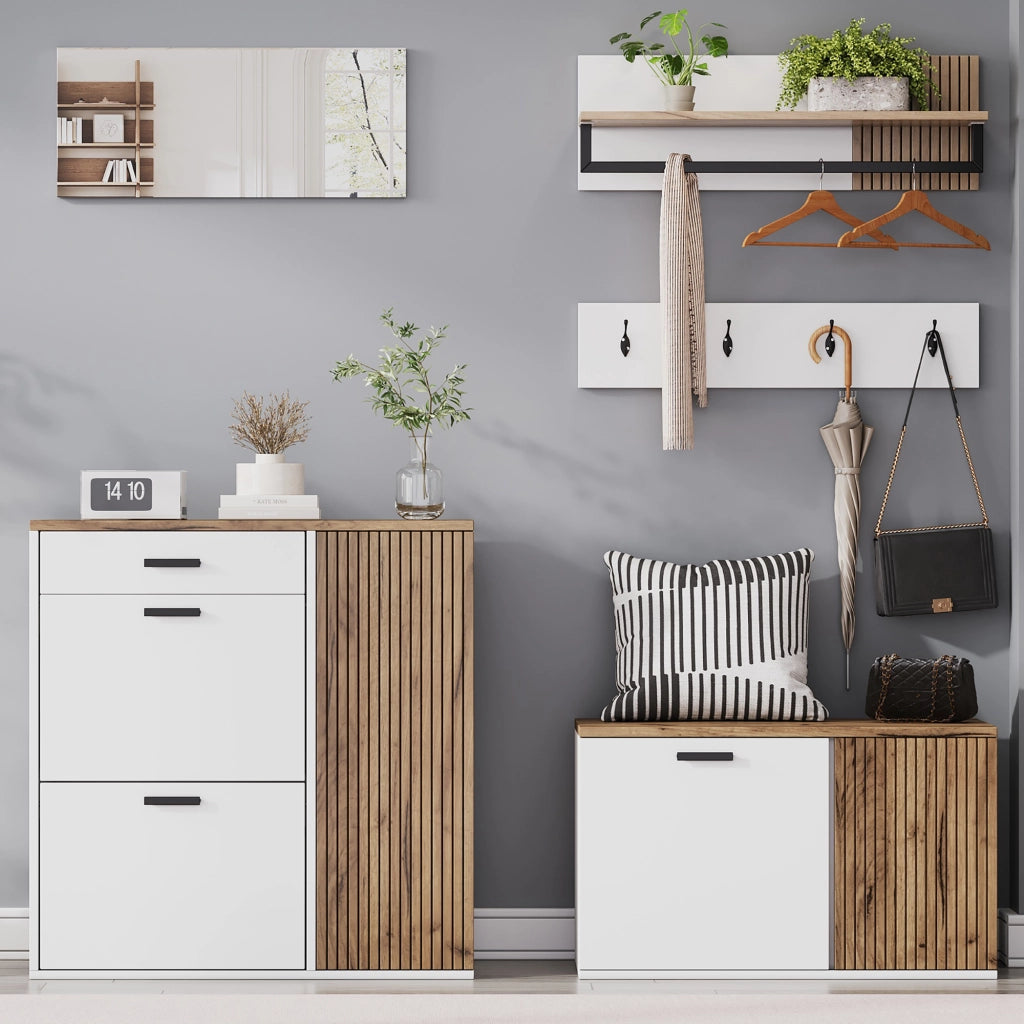 Composizione ingresso 5 pezzi con scarpiera; panca; specchio e 4 ganci; bianco e rovere
