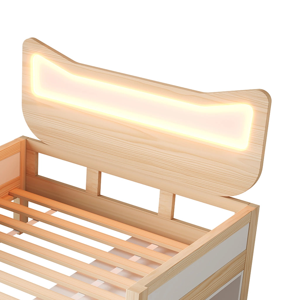 Letto singolo 90x190 cm con testiera a gatto; LED RGB; cassetto e contenitore; bianco e rovere