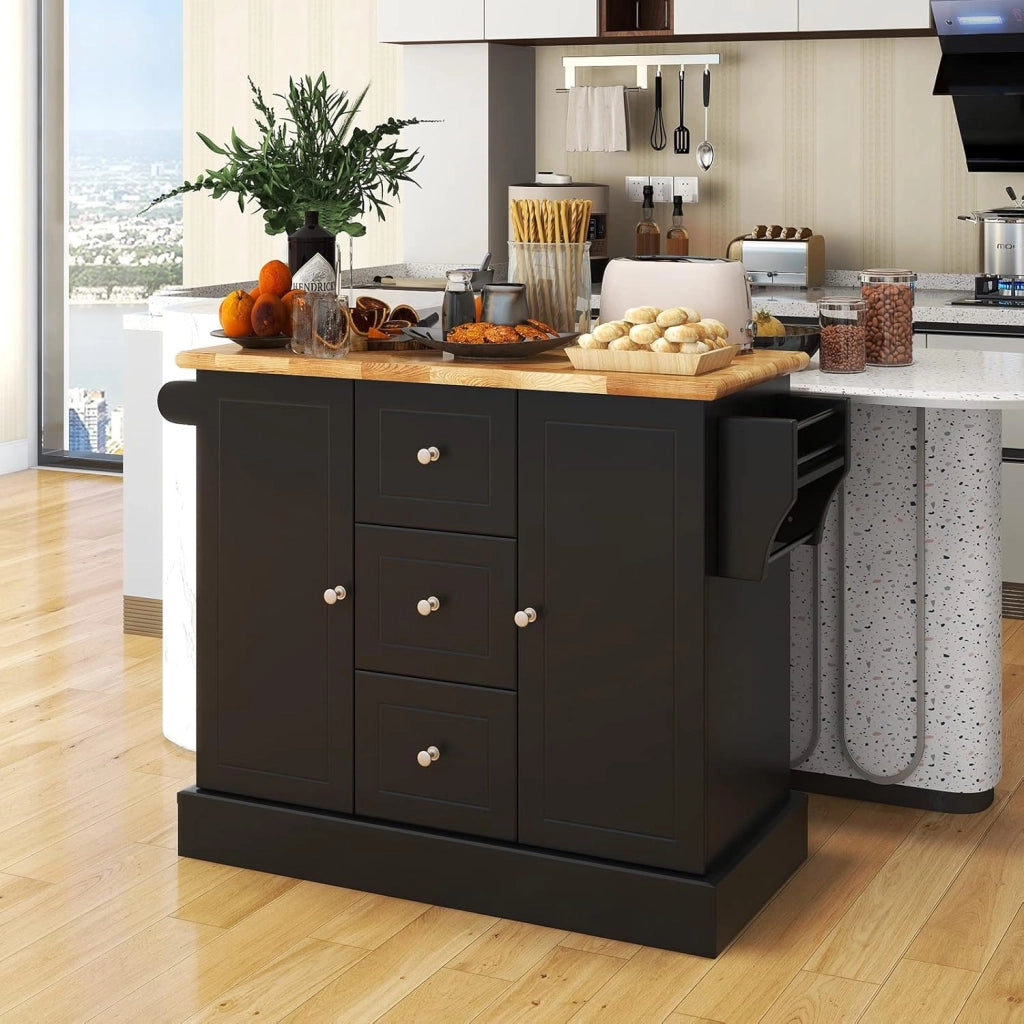 Carrello da Cucina in Legno di Quercia con 2 Armadi e 3 Cassetti, Credenza con 5 Rotelle e Cerniere in Metallo, Isola da Cucina per Soggiorno e Sala da Pranzo (Nero)