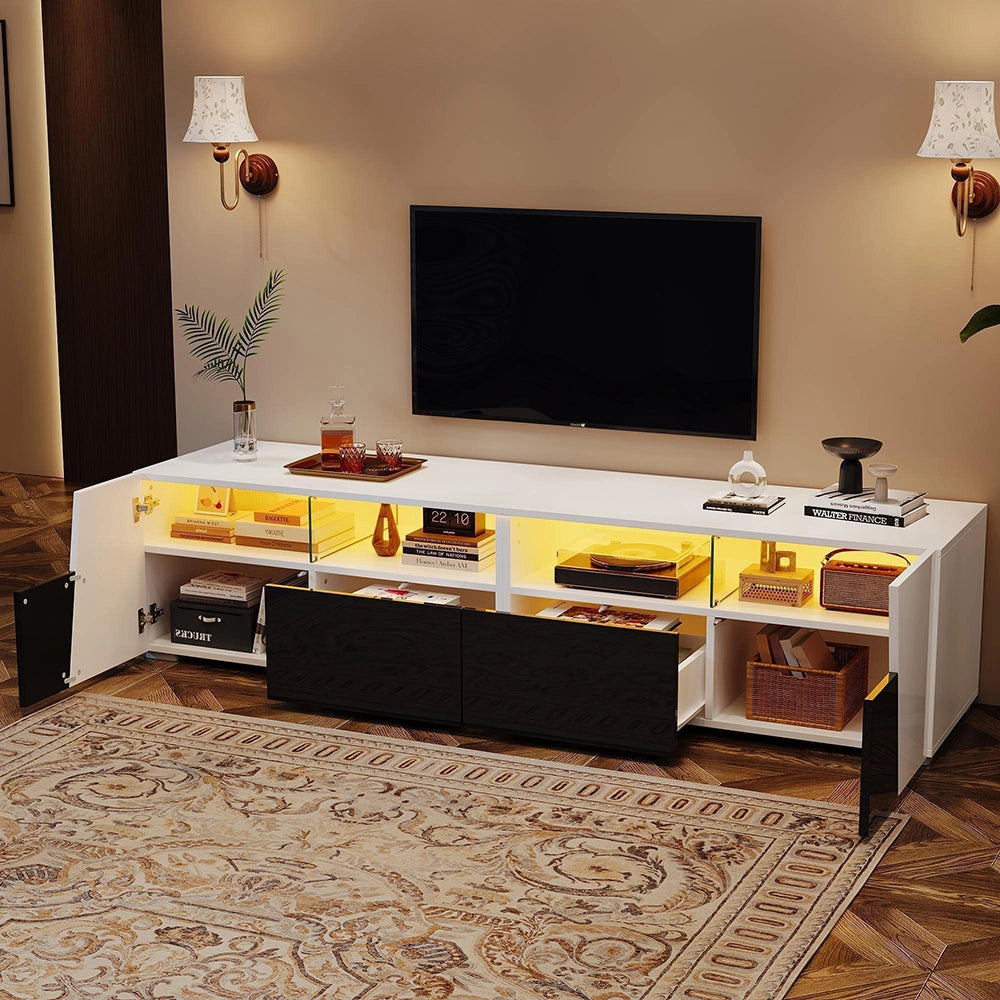 Mobile TV 180x38.5x45cm - Xylo - Luci LED, 2 Ante e 2 Cassetti, Bianco e Nero