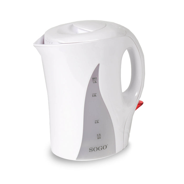 SOGO Bollitore Elettrico 1L – Plastica Resistente, 1100W, Spegnimento Automatico, Protezione Surriscaldamento, Filtro Lavabile, LED, Design Compatto
