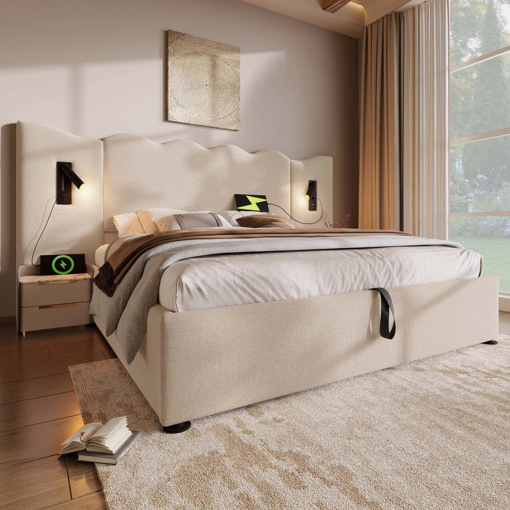 Letto matrimoniale imbottito 180x200 cm in lino beige con lampada da lettura e USB-C