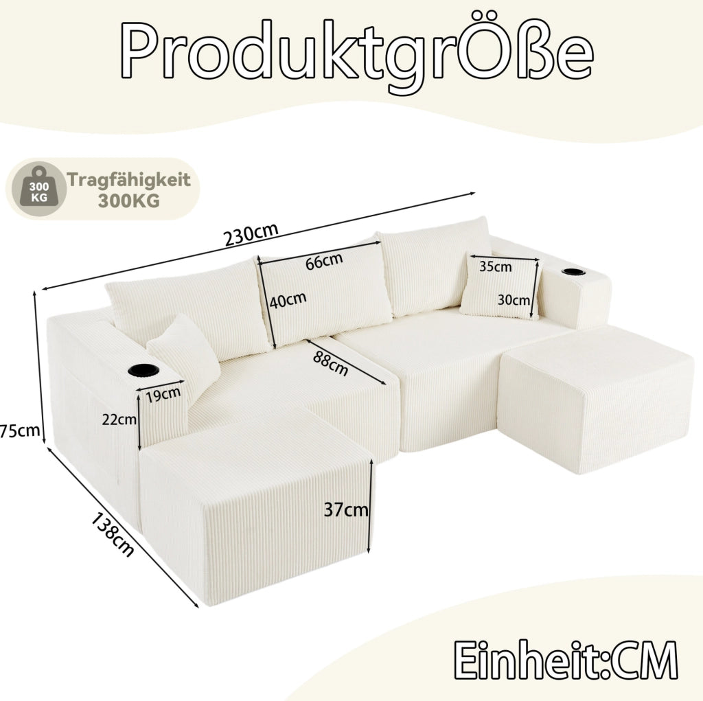Divano angolare modulare a 3 posti con pouf mobili; tessuto a coste beige