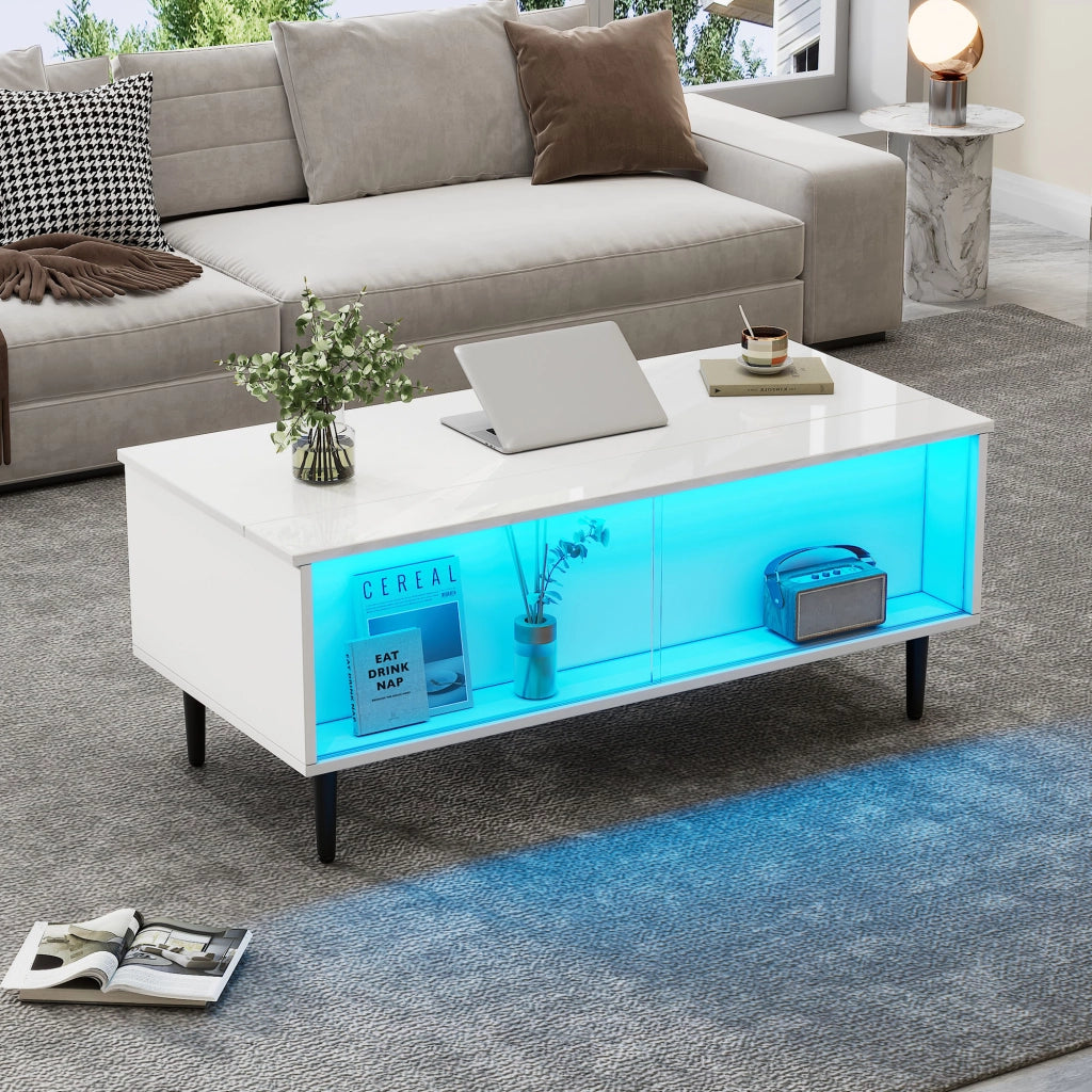 TAVOLO Caffè regolabile 105 x 50 x 43 cm bianco in truciolare e vetro temperato con LED