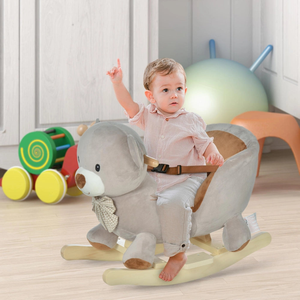 Dondolo Peluche Orsetto per Bambini con Sonido e Cinturino ¨C zephmum ¨C Grigio 60x33x50 cm