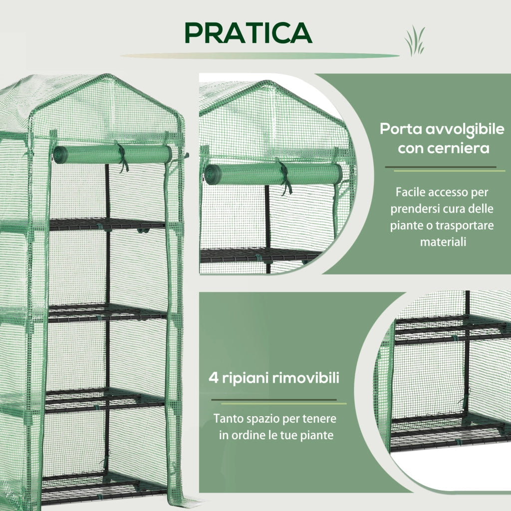 Serra da Giardino Verticale con Scaffale 4 Ripiani ¨C zephmum ¨C Acciaio e PE Verde Scuro 70x50x160cm