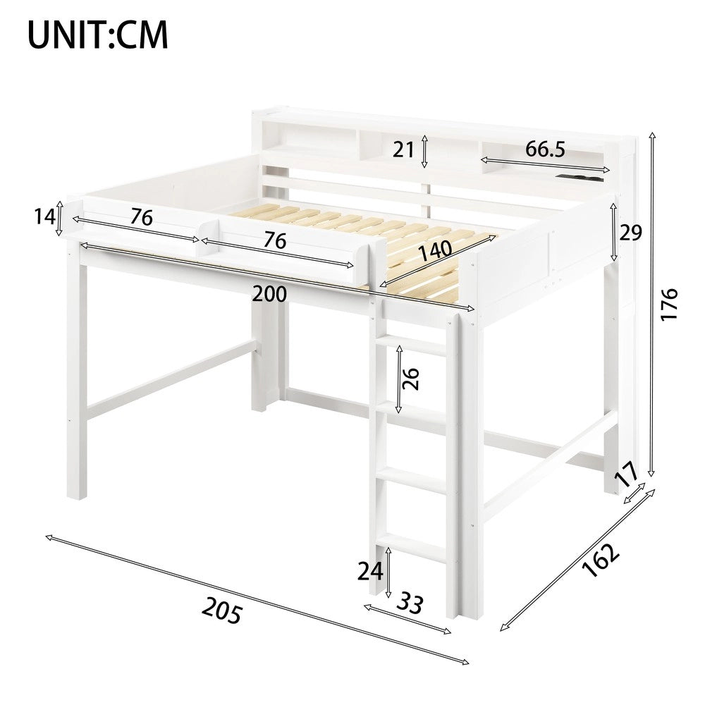 Letto a Soppalco in Legno con LED e USB ¨C MINIMAL ¨C Bianco 140x200 cm