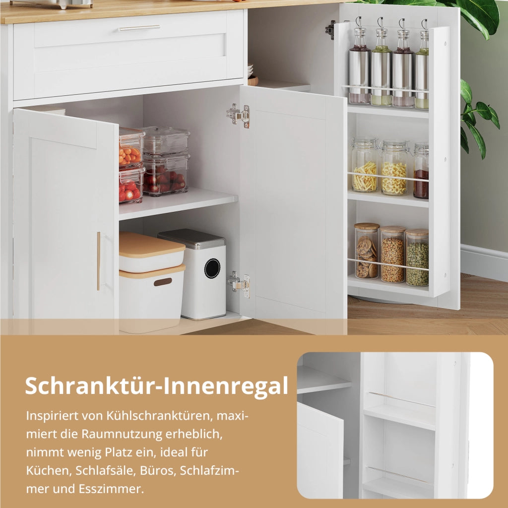 Carrello da cucina con 1 cassetto; 2 ante; ripiani regolabili e 5 ruote; 132.5 x 44 x 90 cm; bianco