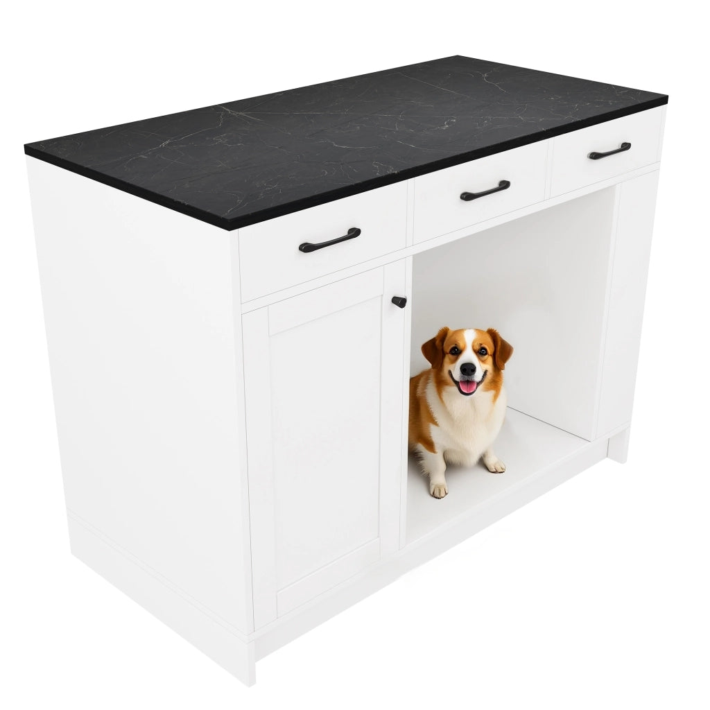 Isola da cucina con 3 cassetti, porta spezie, ripiano regolabile e area per animali domestici, 120 x 60 x 90 cm, bianco