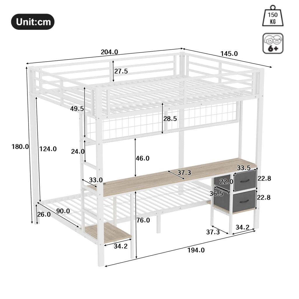 LETTO A CASTELLO 140x200 cm Metallo Bianco con Scrivania, Cassetti e LED