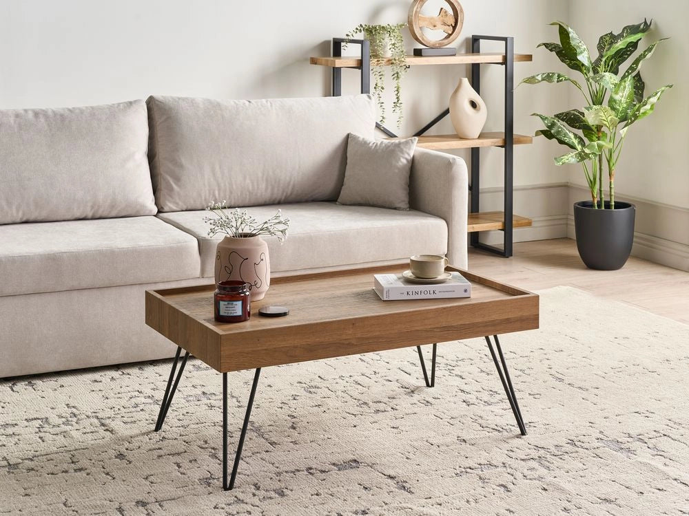 Tavolino da caffè in legno marrone 120 x 60 cm gambe a forcina in metallo Nero piano rettangolare con bordi rialzati soggiorno