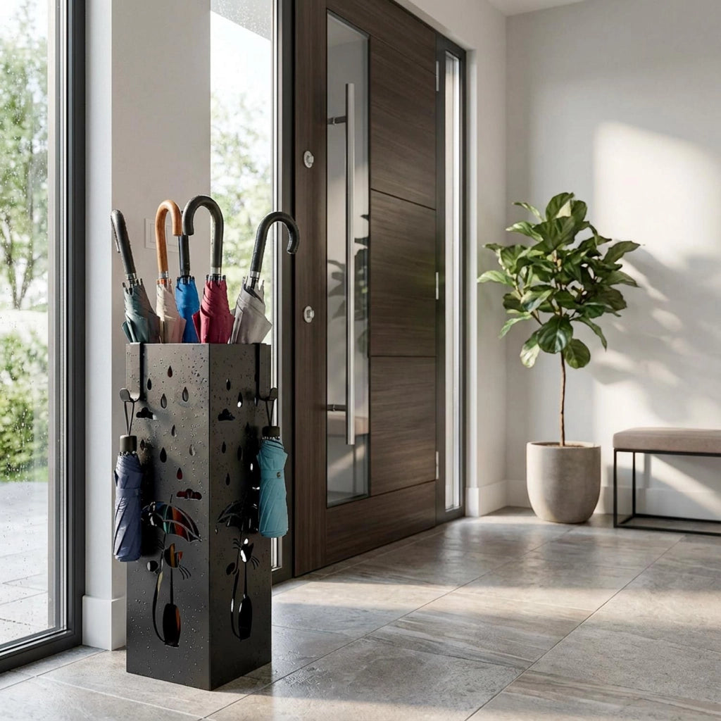 Portaombrelli In Metallo Con Decorazione Gatto Vaschetta Scolapioggia Removibile E 2 Ganci Laterali Base Antiscivolo Stand Quadrato Design Per Ingresso Casa E Ufficio 49 x 15.5 x 15.5 Cm Nero