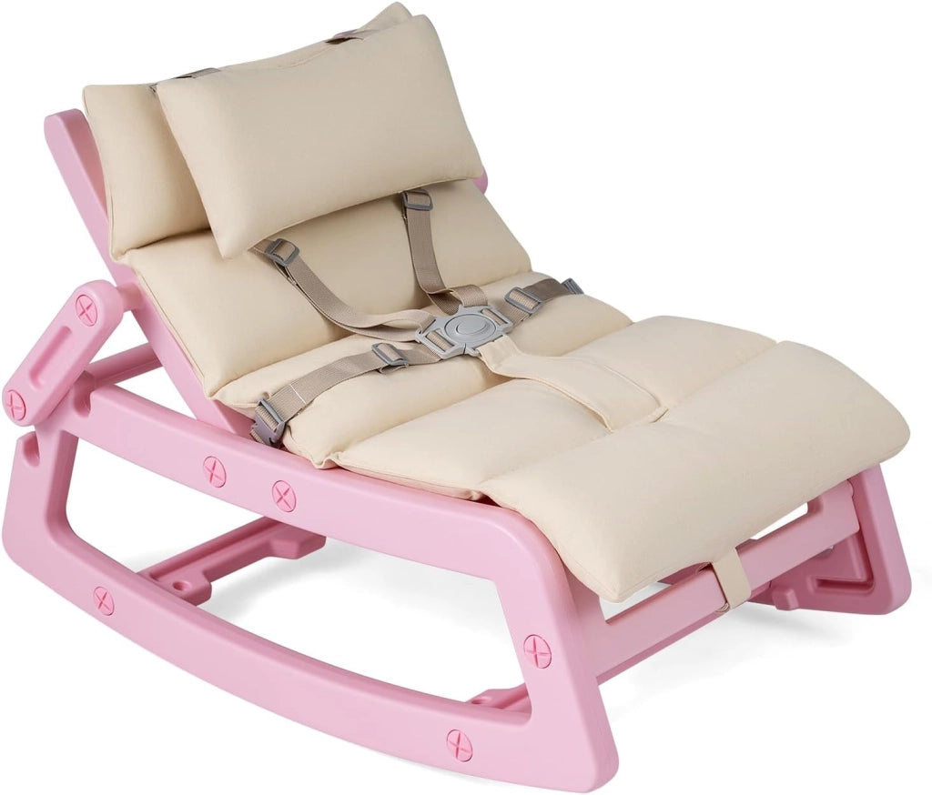 Sedia a Dondolo Bambini, Schienale Regolabile, con Cucino (Rosa) | Sdraietta a Dondolo, Poggiatesta Rimovibile e Cintura 5 Punti, Portata 80 kg, per Bambini 6+ Mesi